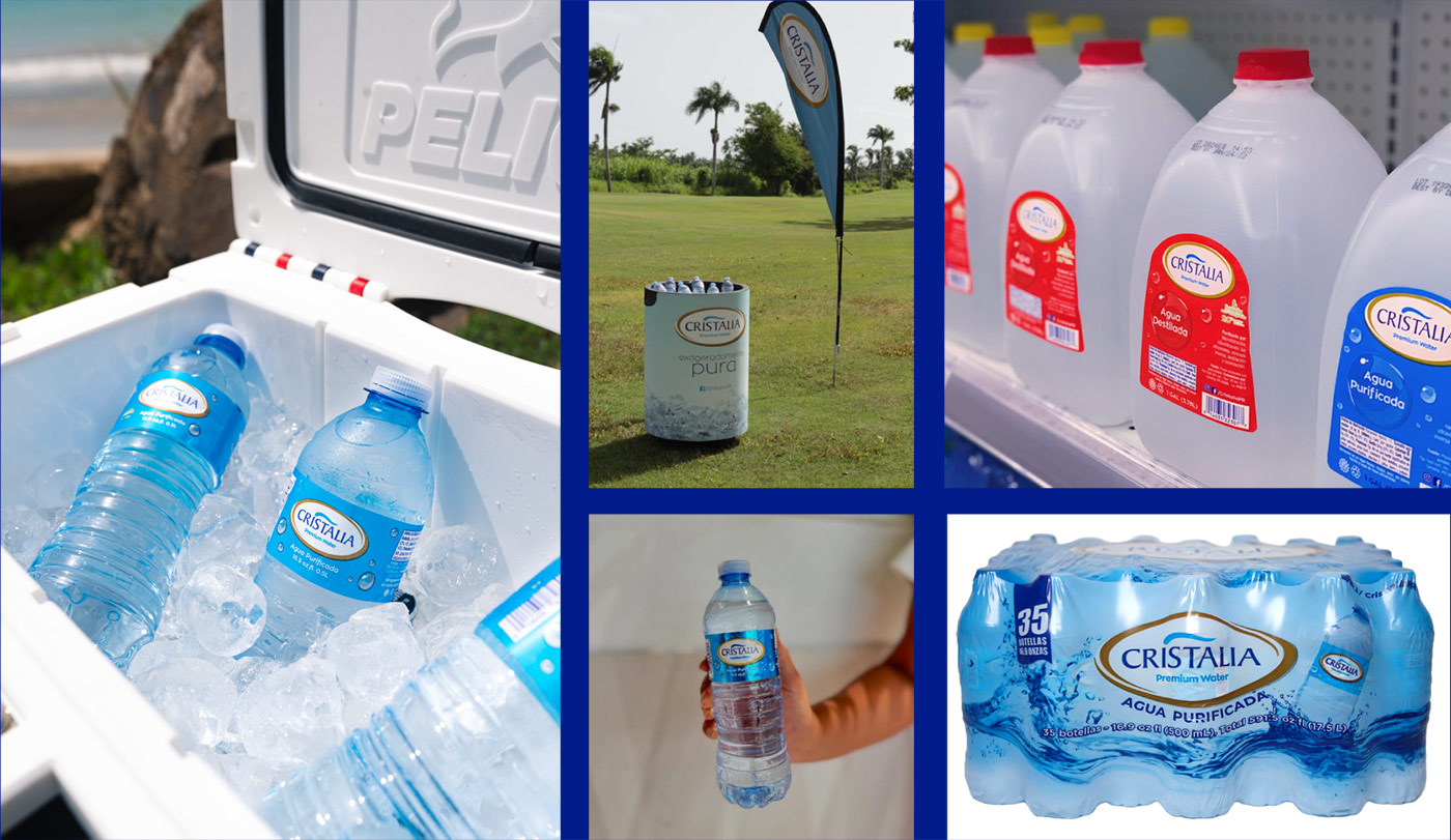 a collage of photos of Cristalia products on a blue background
