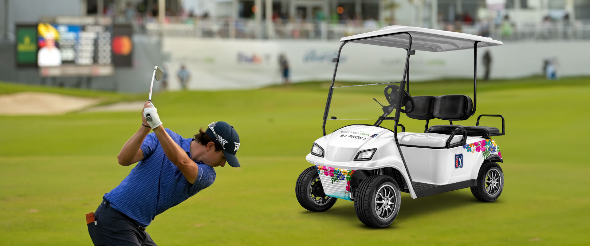 a photo of a golf player and a branded golf cart