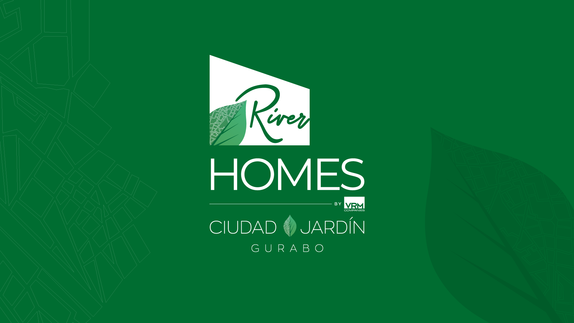River Homes logo on a green background with faded white decorations