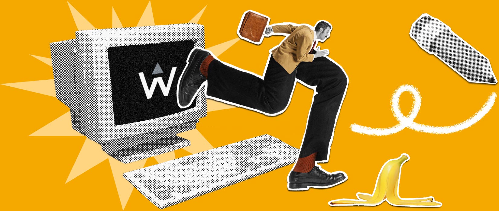 Illustration of a man with large legs coming out of a computer, with a pencil and a banana next to him
