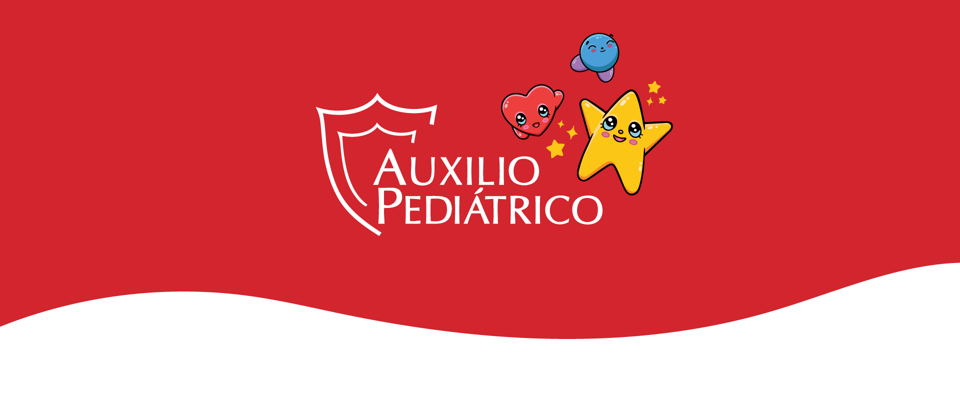 Auxilio Pediátrico logo with mascots Estrellita, Cora and Cosmo, on a red background