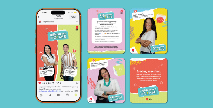 a collage of social media posts from SM's Influencers con Clase campaign, on a light blue background