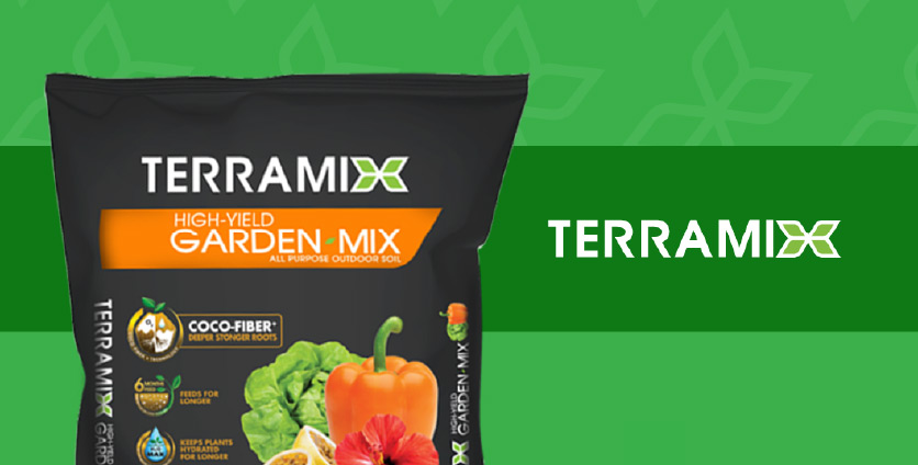A bag of Terramix garden mix on a green background