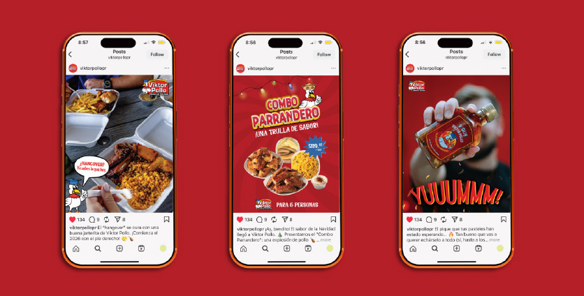 a collage of Viktor Pollo social media posts on a red background