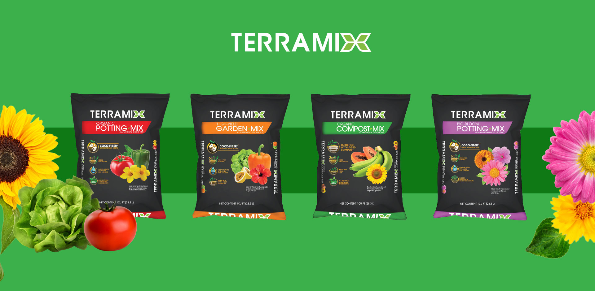 a bag of Terramix brand garden mix on a green background