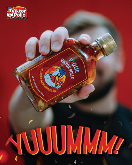 social media post of a man holding out a bottle of Viktor Pollo brand hot sauce